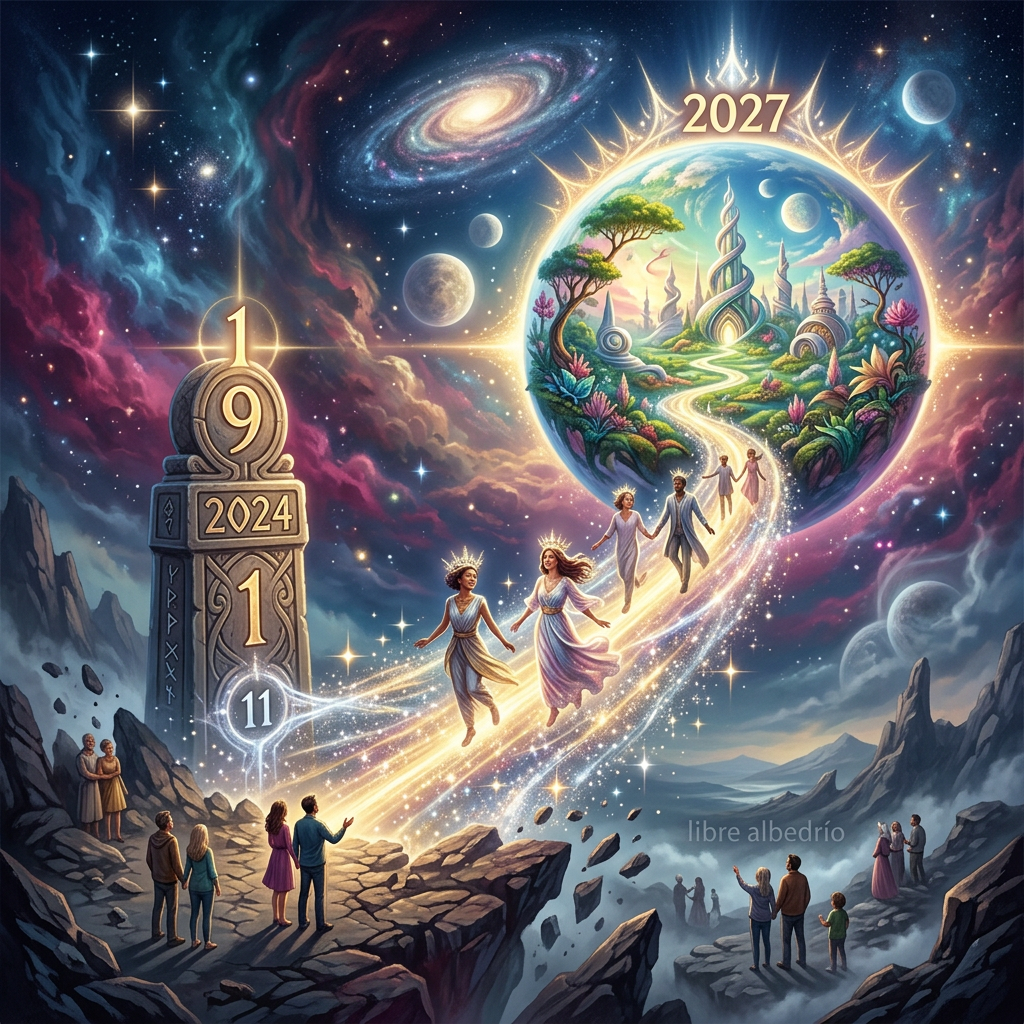 Cosmic fantasy scene with text “2027,” “2024,” “1,” “9,” “11,” and “libre albedrío”
