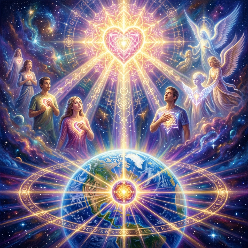 People and angels surround Earth beneath a radiant heart-shaped cosmic symbol
