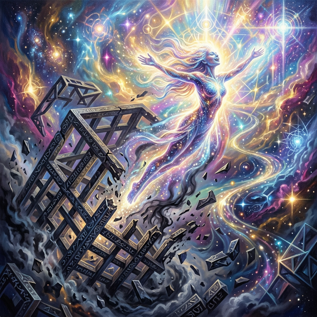 Radiant cosmic figure rising above shattered geometric structures amid stars and swirling light