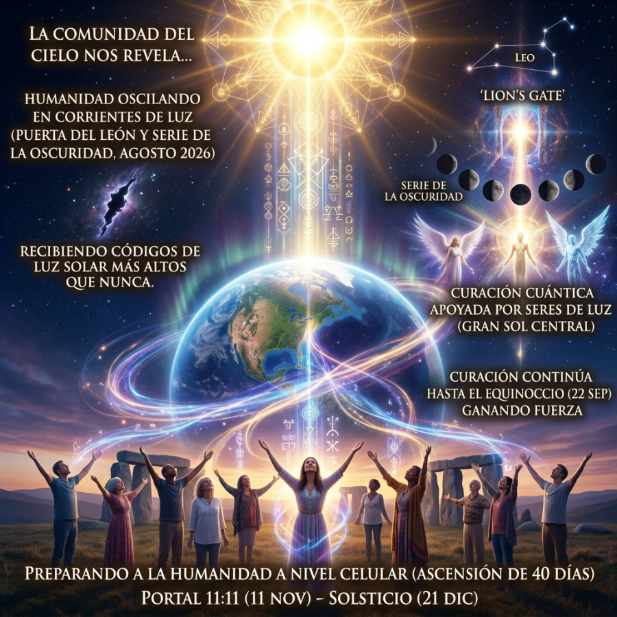 LA COMUNIDAD DEL CIELO NOS REVELA... HUMANIDAD OSCILANDO EN CORRIENTES DE LUZ (PUERTA DEL LEÓN Y SERIE DE LA OSCURIDAD, AGOSTO 2026) RECIBIENDO CÓDIGOS DE LUZ SOLAR MÁS ALTOS QUE NUNCA. LEO ‘LION’S GATE’ SERIE DE LA OSCURIDAD CURACIÓN CUÁNTICA APOYADA POR SERES DE LUZ (GRAN SOL CENTRAL) CURACIÓN CONTINÚA HASTA EL EQUINOCCIO (22 SEP) GANANDO FUERZA PREPARANDO A LA HUMANIDAD A NIVEL CELULAR (ASCENSIÓN DE 40 DÍAS) PORTAL 11:11 (11 NOV) – SOLSTICIO (21 DIC)