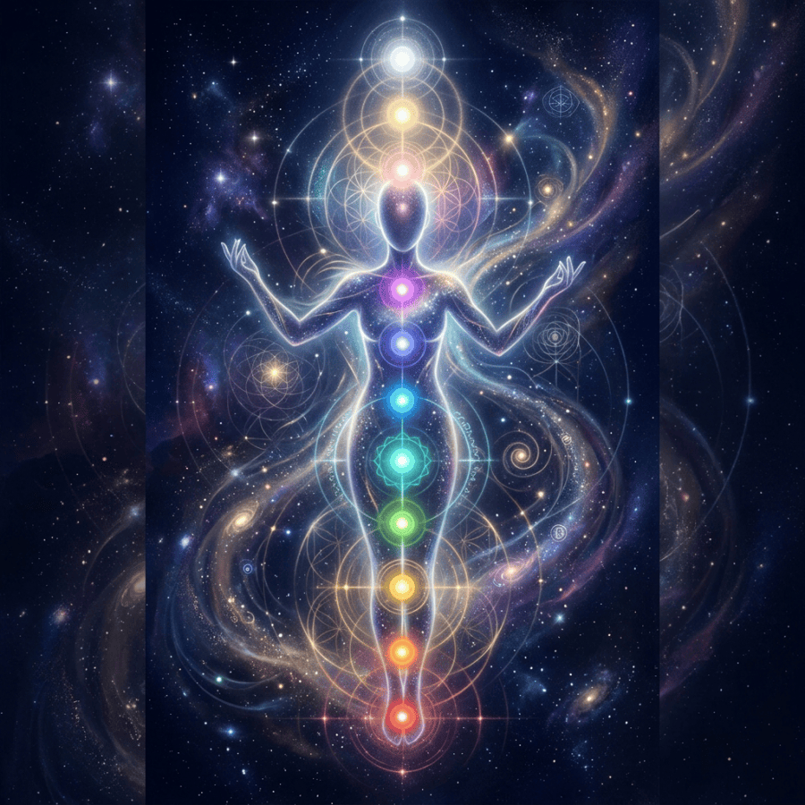 Luminous meditating figure surrounded by colorful chakras and cosmic geometric patterns