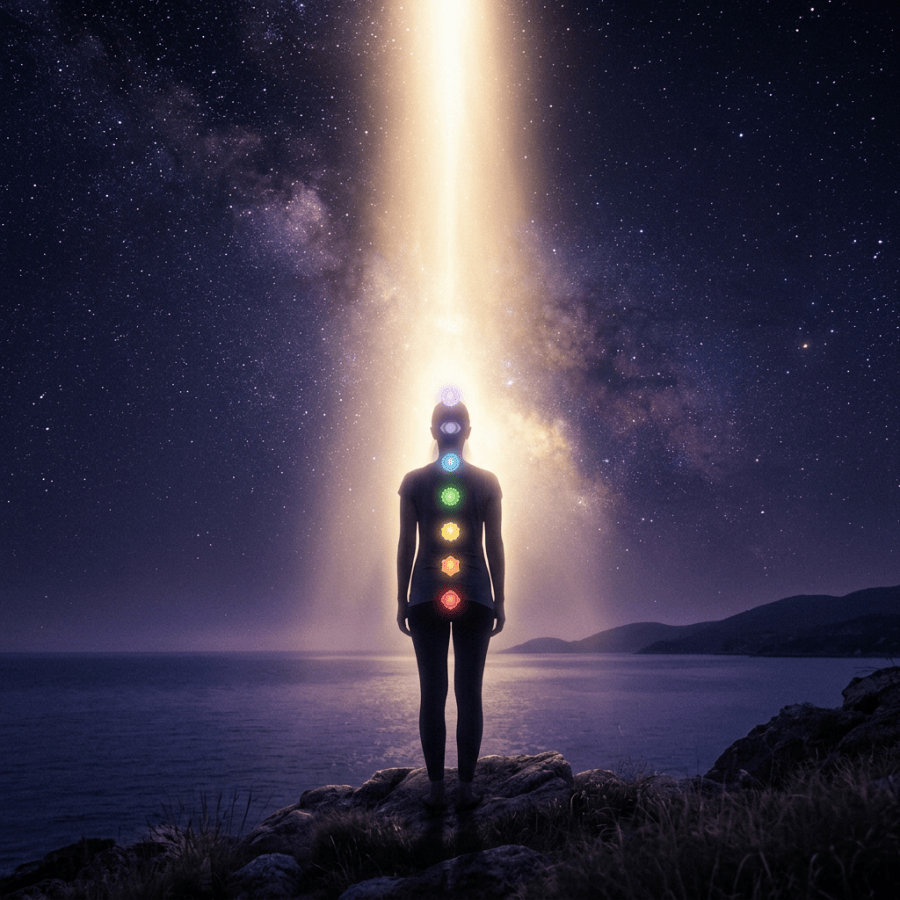 Silhouetted figure with glowing chakras beneath the Milky Way