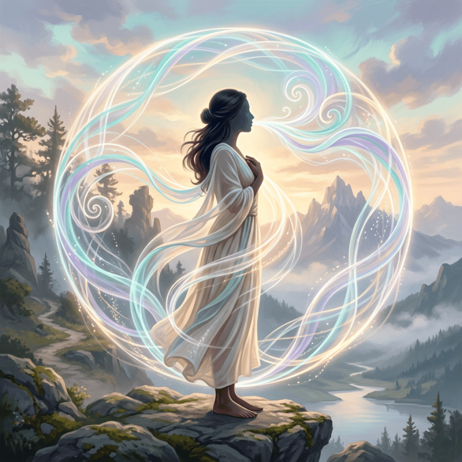 Woman in flowing dress surrounded by glowing ribbons above a mountain valley