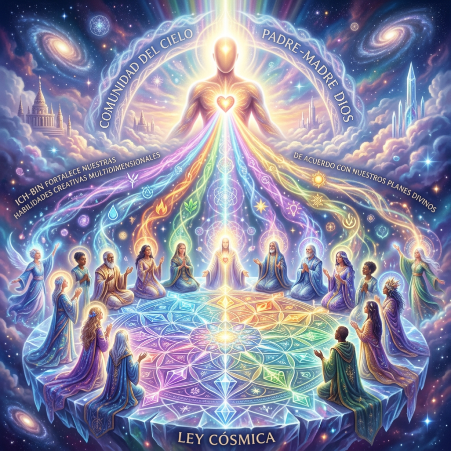 Cosmic spiritual scene with a radiant figure, gathered people, galaxies, and Spanish text