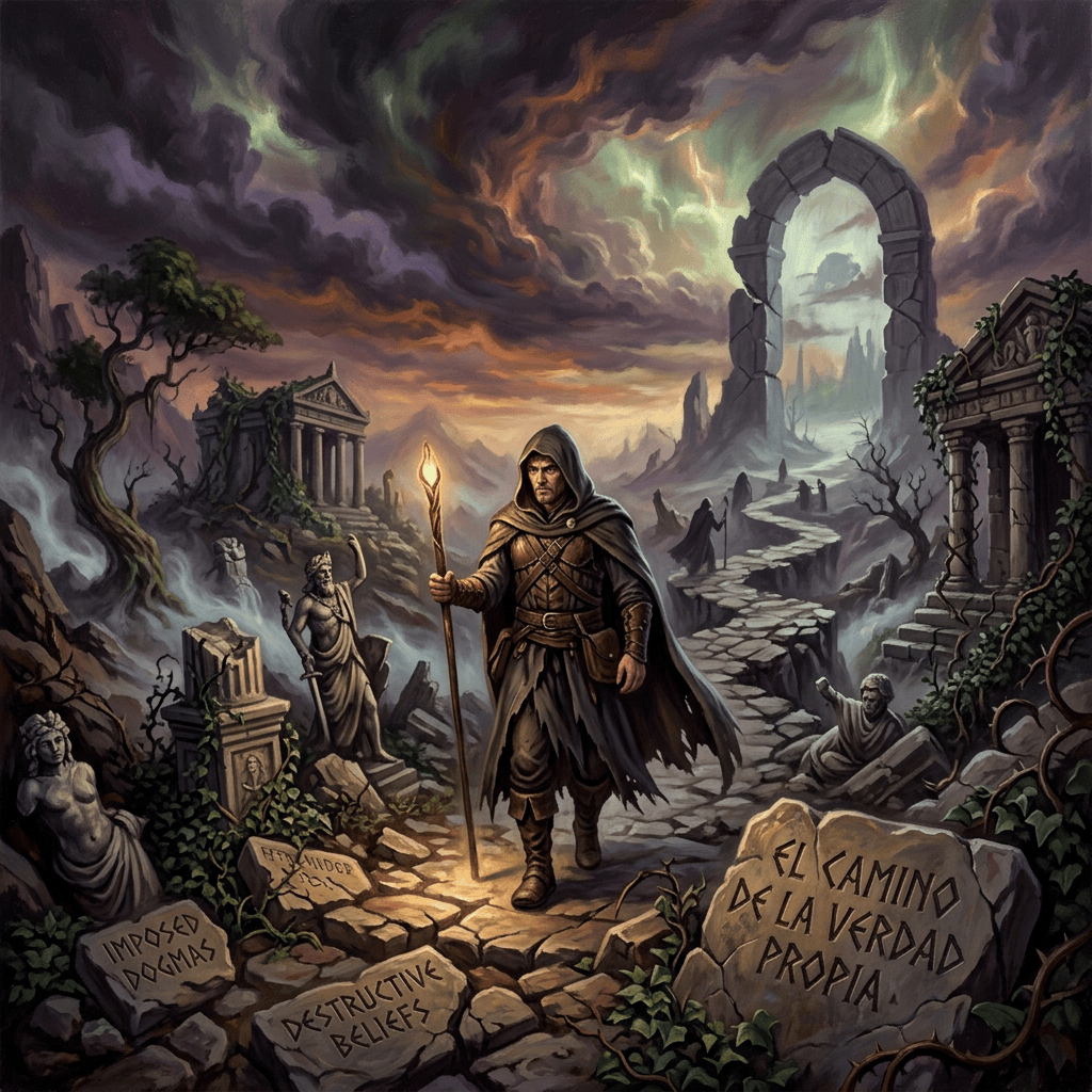 Hooded traveler with torch among ruins; stones read “IMPROVED DOGMAS,” “DESTRUCTIVE BELIEFS,” and “EL CAMINO DE LA VERDAD PROPIA.”