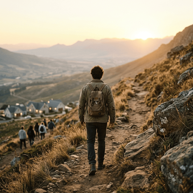 Hiker walking a rocky trail above a mountain village at sunset