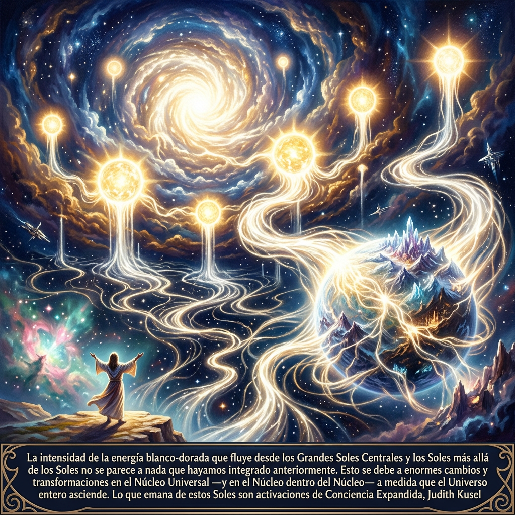 Cosmic scene with glowing suns, flowing energy, mountains, a robed figure, and Spanish text: La intensidad de la energía blanco-dorada que fluye desde los Grandes Soles Centrales y los Soles más allá de los Soles no se parece a nada que hayamos integrado anteriormente. Esto se debe a enormes cambios y transformaciones en el Núcleo Universal —y en el Núcleo dentro del Núcleo— a medida que el Universo entero asciende. Lo que emana de estos Soles son activaciones de Conciencia Expandida, Judith Kusel