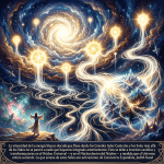 Cosmic scene with glowing suns, flowing energy, mountains, a robed figure, and Spanish text: La intensidad de la energía blanco-dorada que fluye desde los Grandes Soles Centrales y los Soles más allá de los Soles no se parece a nada que hayamos integrado anteriormente. Esto se debe a enormes cambios y transformaciones en el Núcleo Universal —y en el Núcleo dentro del Núcleo— a medida que el Universo entero asciende. Lo que emana de estos Soles son activaciones de Conciencia Expandida, Judith Kusel