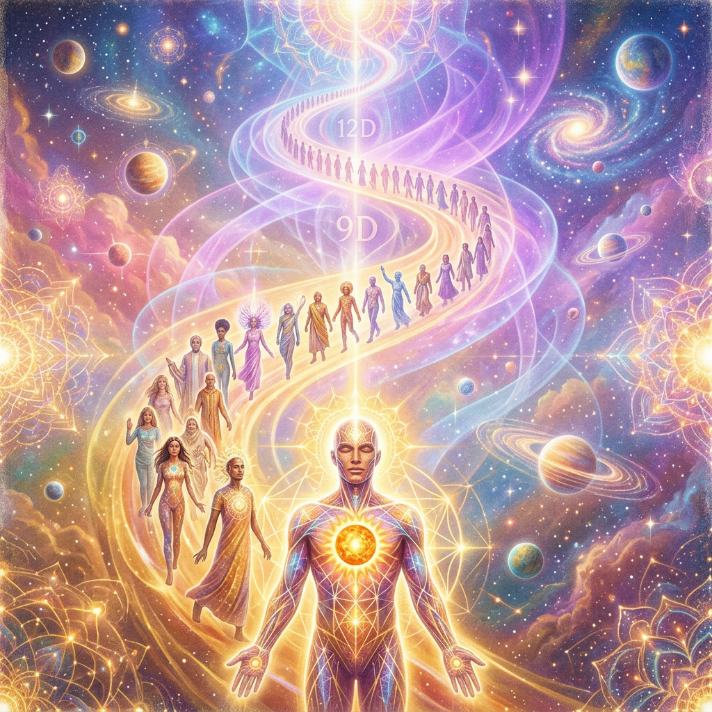 Cosmic human evolution pathway labeled 9D and 12D