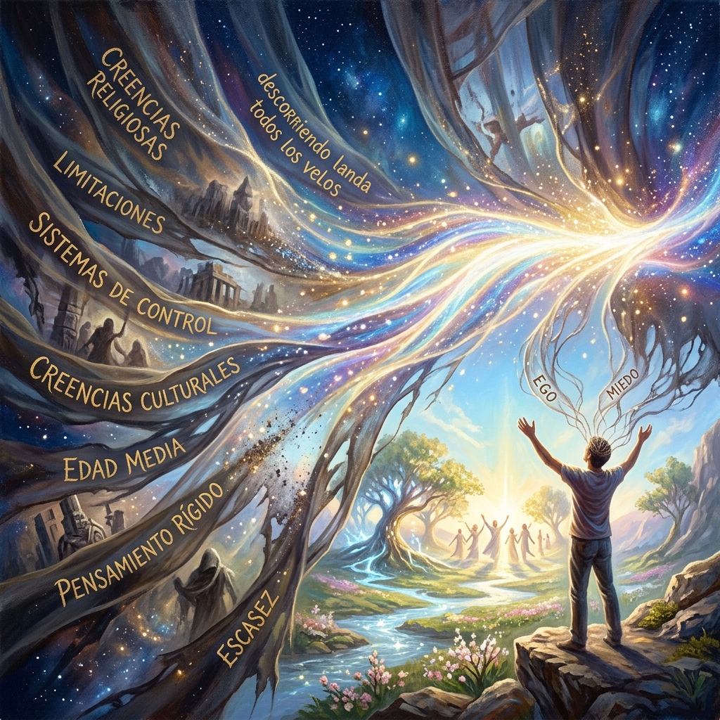 Ilustración surrealista con los textos CREENCIAS RELIGIOSAS, LIMITACIONES, SISTEMAS DE CONTROL, CREENCIAS CULTURALES, EDAD MEDIA, PENSAMIENTO RÍGIDO, ESCASEZ, descubriendo landa todos los velos, EGO y MIEDO.