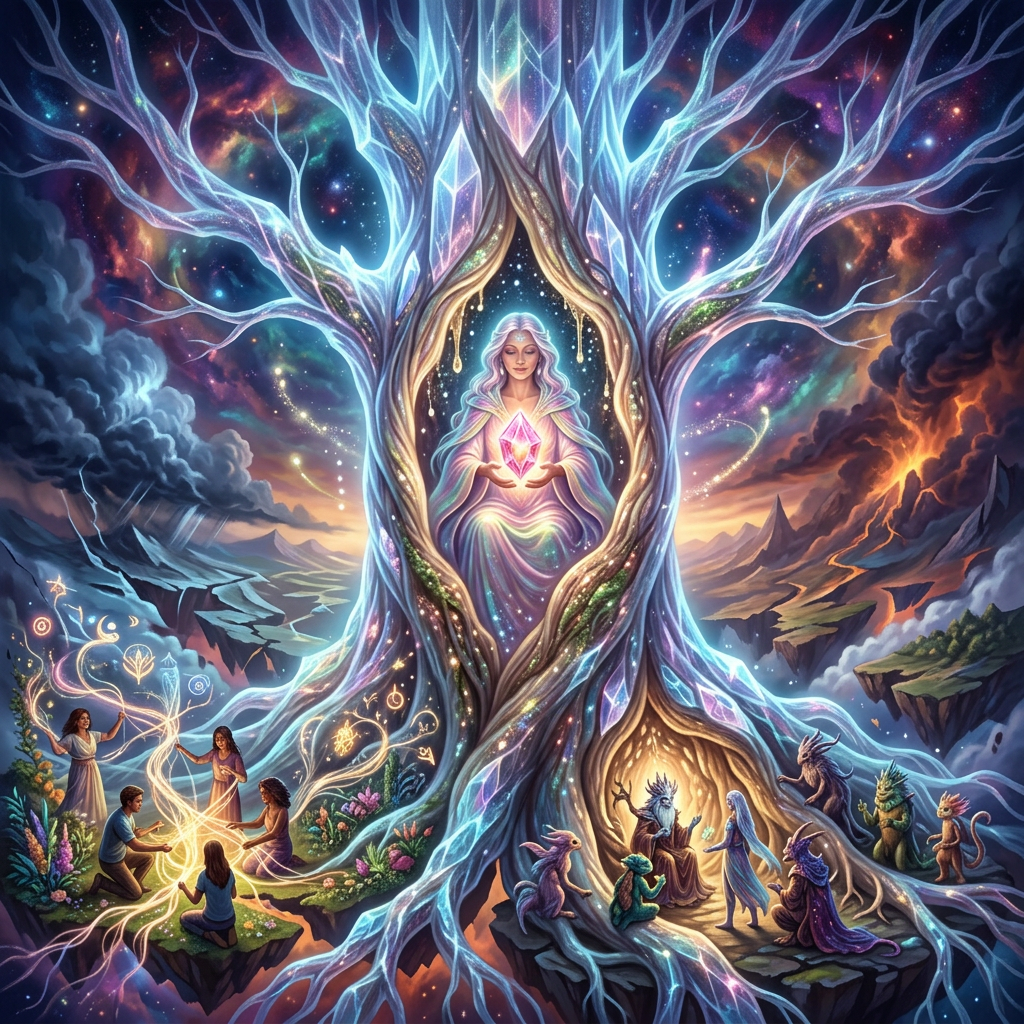 Mystical luminous tree with guardian, people, and fantastical spirits
