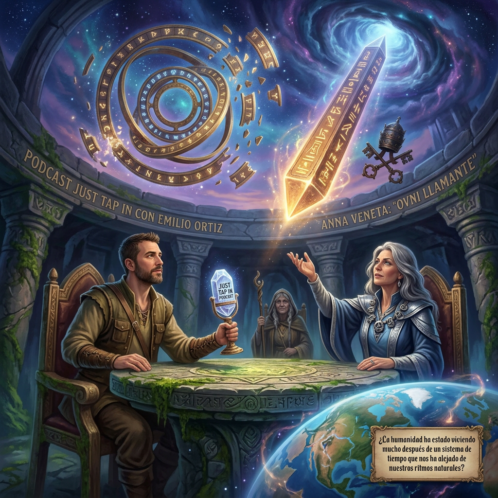 Fantasy podcast scene with two hosts, cosmic symbols, text “PODCAST JUST TAP IN CON EMILIO ORTIZ,” “ANNA VENETA: ‘OVNI LLAMANTE,’” and Spanish question about humanity’s natural rhythms.