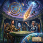 Fantasy podcast scene with two hosts, cosmic symbols, text “PODCAST JUST TAP IN CON EMILIO ORTIZ,” “ANNA VENETA: ‘OVNI LLAMANTE,’” and Spanish question about humanity’s natural rhythms.