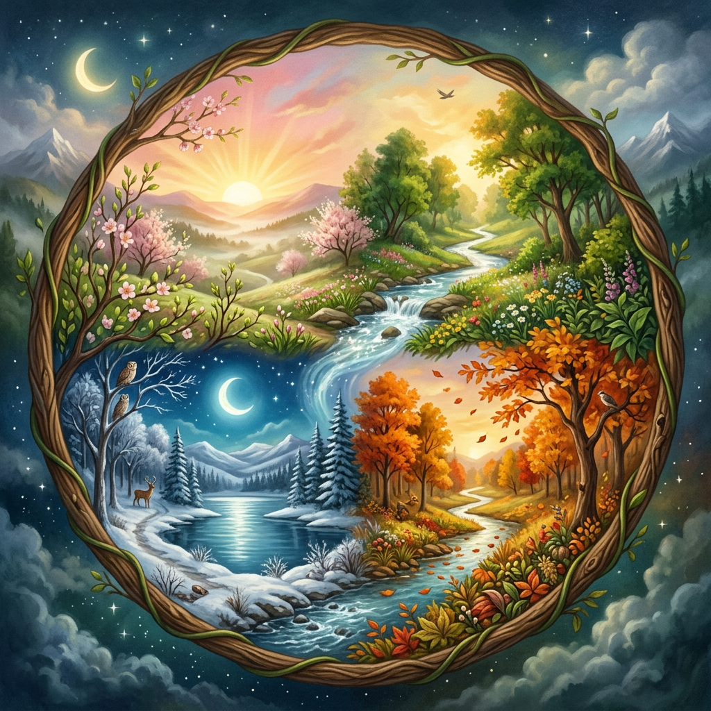 Circular landscape showing one river flowing through spring, summer, autumn, and winter scenes