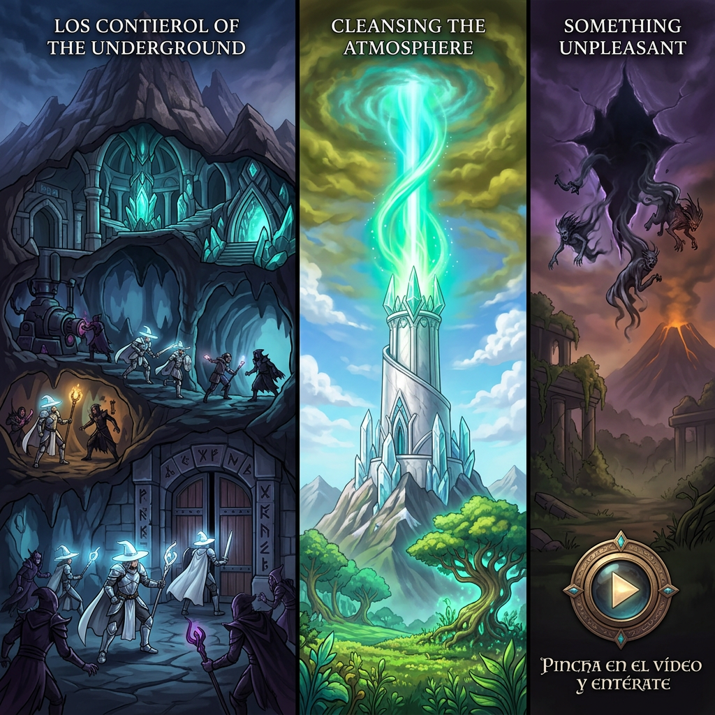 Fantasy triptych with text: LOS CONTIEROL OF THE UNDERGROUND; CLEANSING THE ATMOSPHERE; SOMETHING UNPLEASANT; Pincha en el vídeo y entérate.