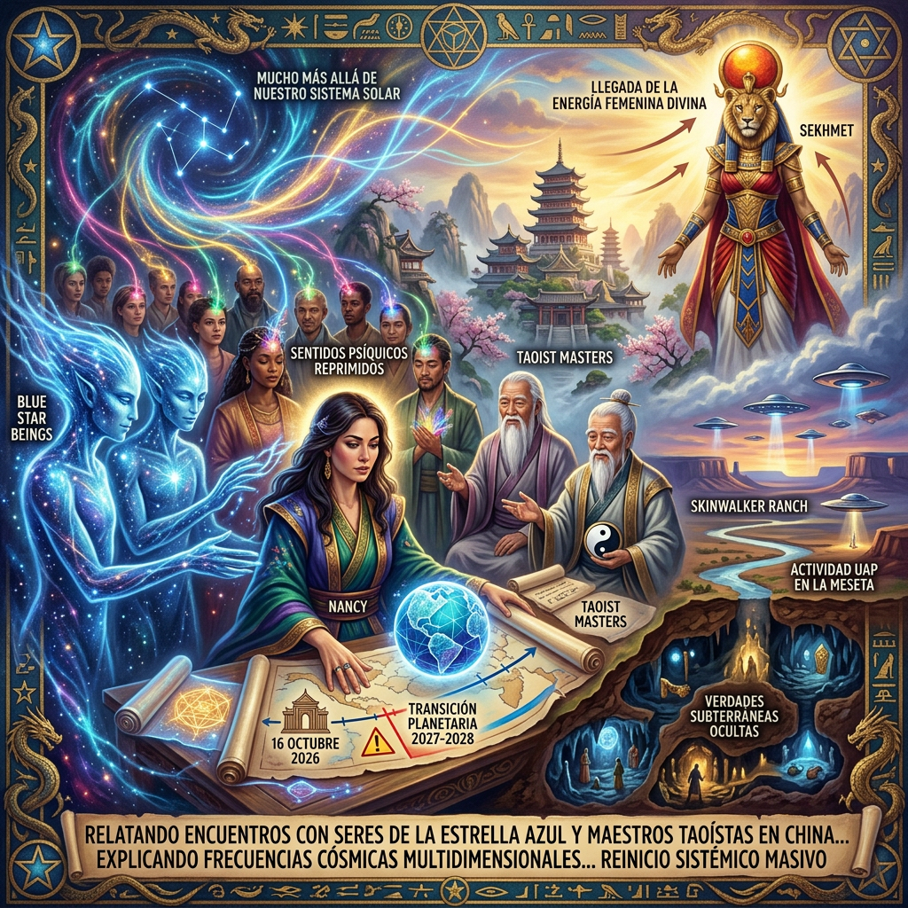 Esoteric illustration with text: MUCHO MÁS ALLÁ DE NUESTRO SISTEMA SOLAR; LLEGADA DE LA ENERGÍA FEMENINA DIVINA; SEKHMET; BLUE STAR BEINGS; SENTIDOS PSÍQUICOS REPRIMIDOS; TAOIST MASTERS; SKINWALKER RANCH; ACTIVIDAD UAP EN LA MESETA; NANCY; VERDADES SUBTERRÁNEAS OCULTAS; 16 OCTUBRE 2026; TRANSICIÓN PLANETARIA 2027-2028; RELATANDO ENCUENTROS CON SERES DE LA ESTRELLA AZUL Y MAESTROS TAOÍSTAS EN CHINA... EXPLICANDO FRECUENCIAS CÓSMICAS MULTIDIMENSIONALES... REINICIO SISTÉMICO MASIVO