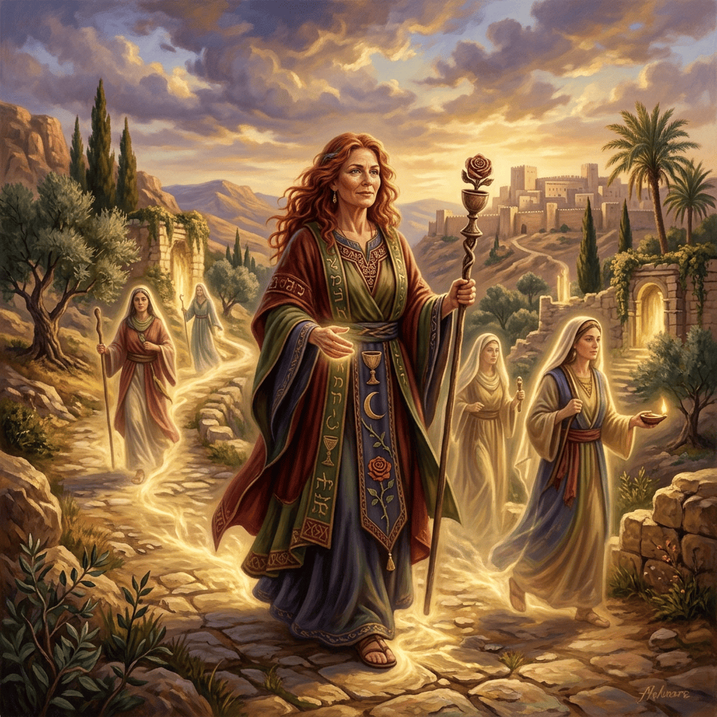 Red-haired robed woman leads three companions along a glowing path