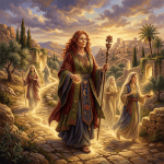 Red-haired robed woman leads three companions along a glowing path