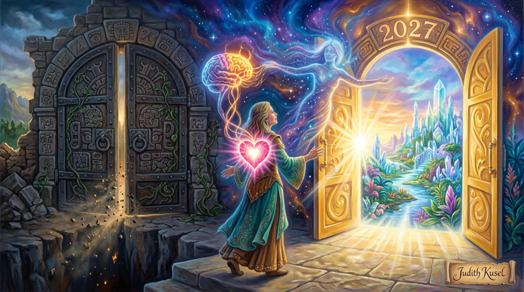 Woman between ancient dark door and radiant 2027 fantasy gateway
